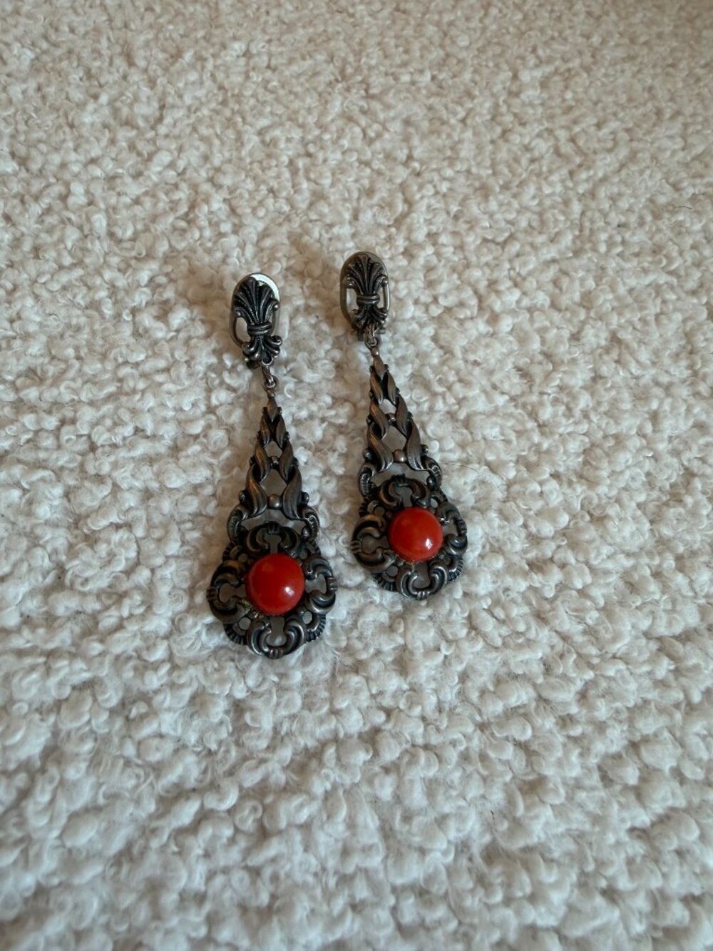 Vintage Dangle Earrings - Red Coral Cabochon Stone